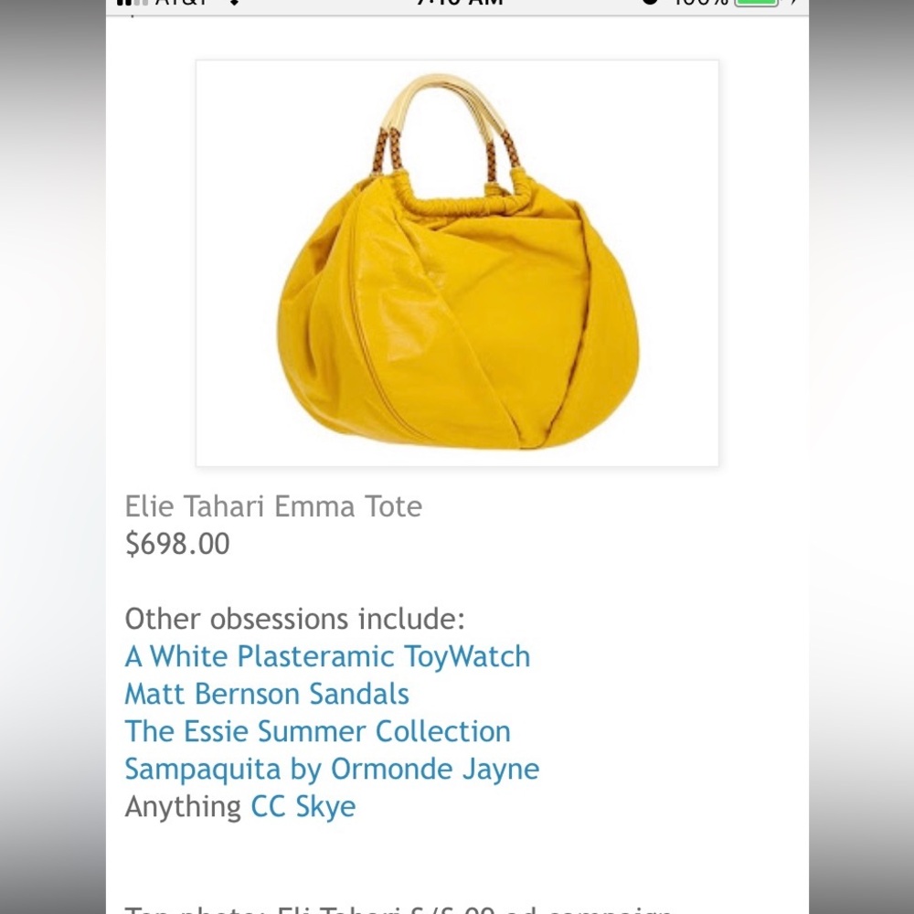 Elie Tahari Yellow Emma Slouchy Tote Bag